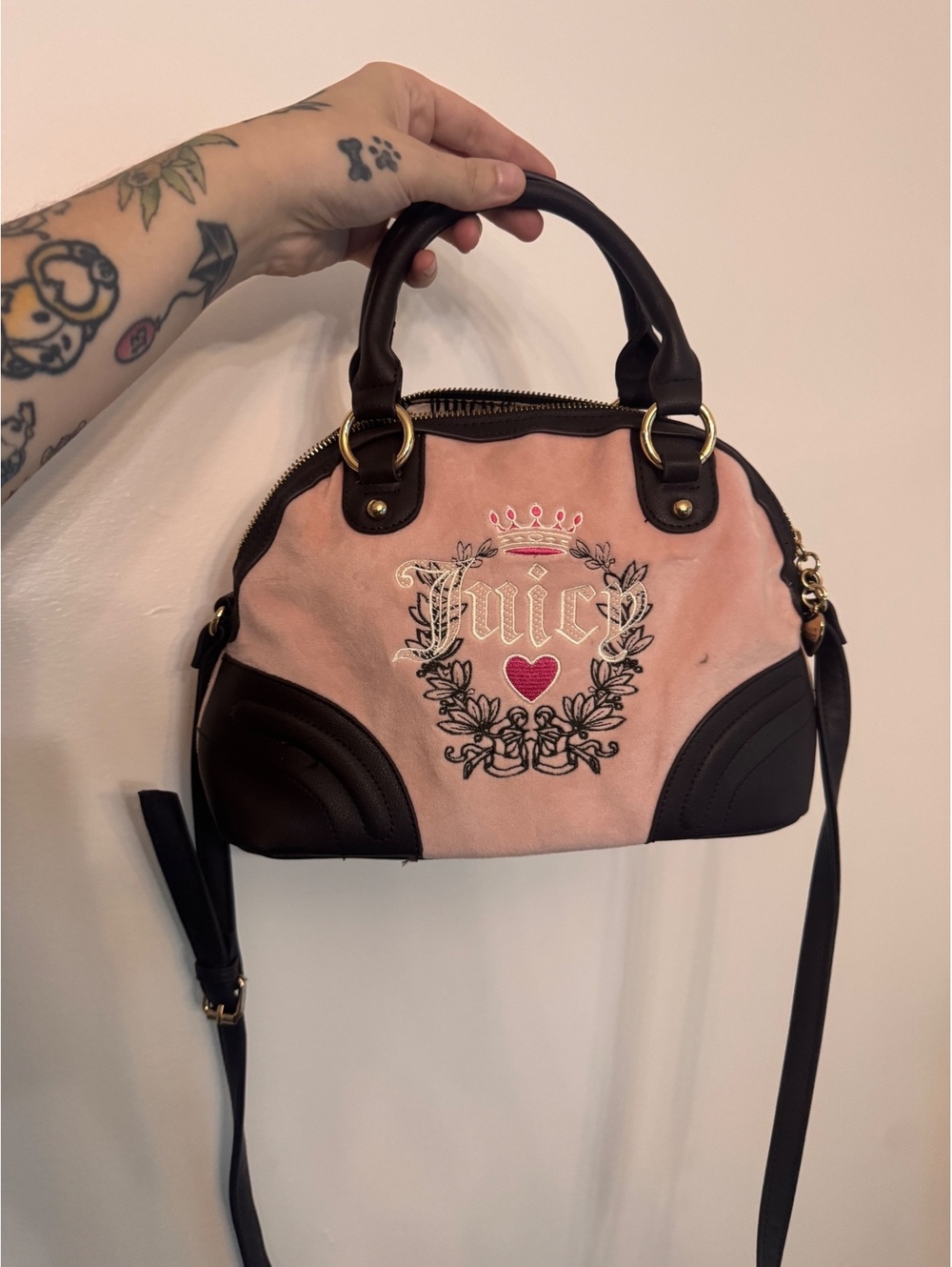 Juicy Couture Pink and Brown Suede and Leather Shoulder Bag